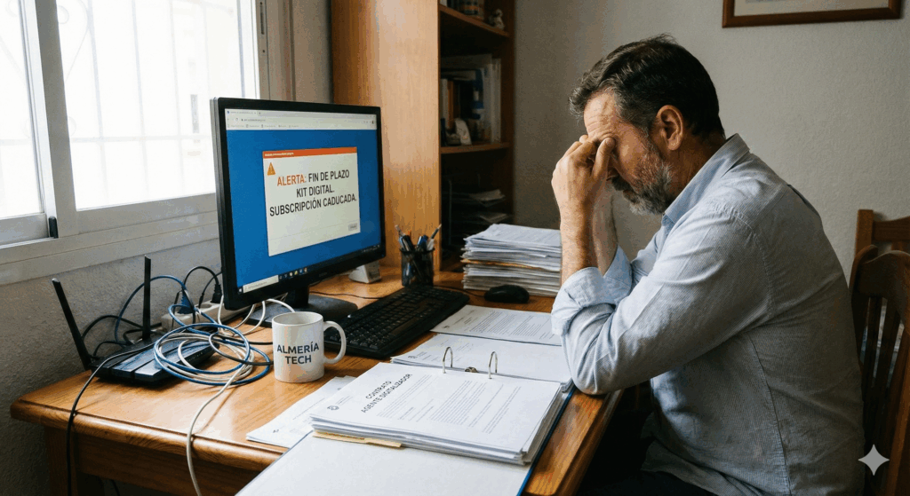 Fotografía de un hombre de mediana edad en una oficina desordenada, con las manos en la cara en gesto de preocupación. En la pantalla del ordenador se lee un aviso urgente: "ALERTA: FIN DE PLAZO KIT DIGITAL. SUBSCRIPCIÓN CADUCADA.". Sobre el escritorio hay una taza con el texto "ALMERÍA TECH" y una carpeta con la etiqueta "CONTRATO AGENTE DIGITALIZADOR", rodeadas de cables y papeles.